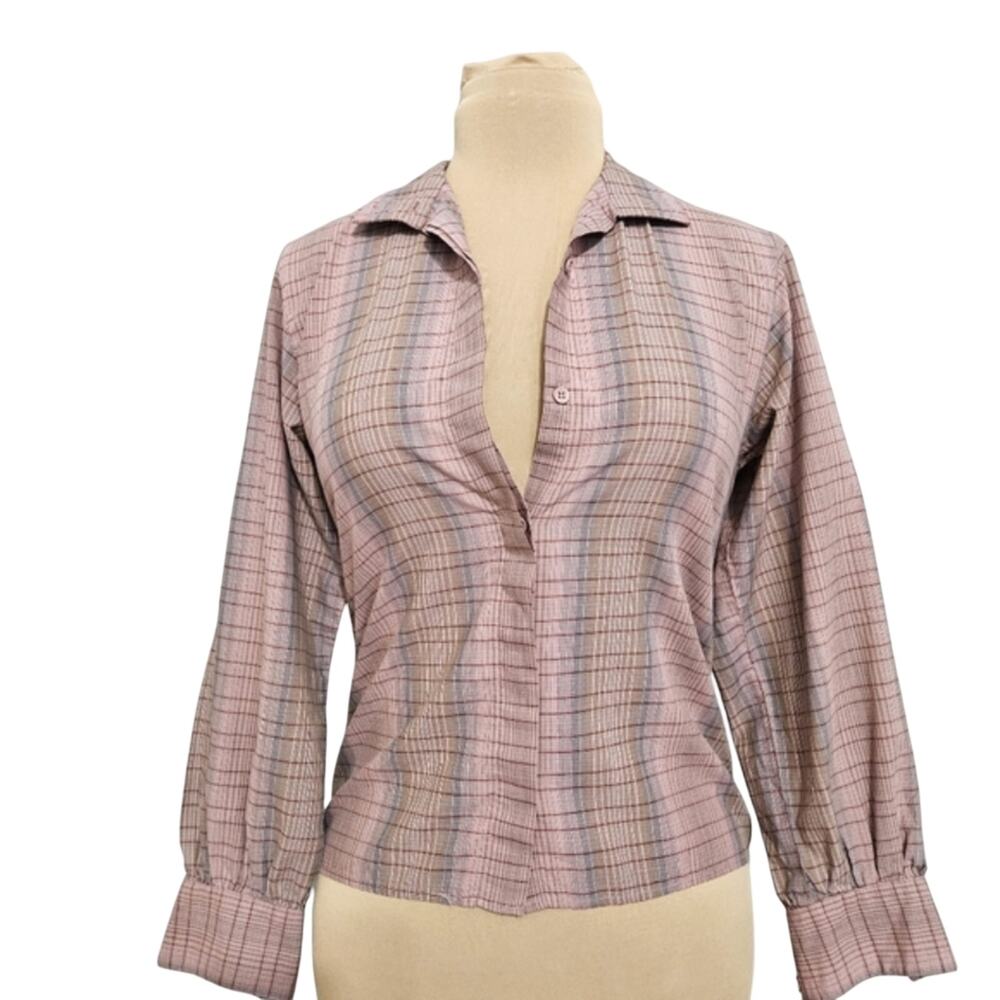 John Meyer Button Front Long Sleeve Pink Plaid Top Size 8 Career Country